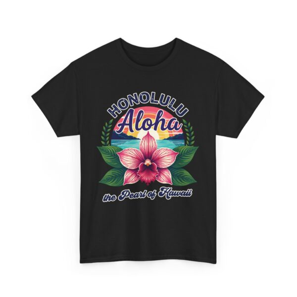 Honolulu Aloha Retro Vintage Hawaii Sunset Tropical Orchid Flower Unisex Heavy Cotton Tee - Image 3