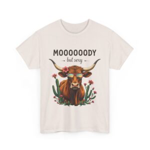 Moody But Sexy Longhorn Cow Funny Texas Sunset Cactus Design Unisex Heavy Cotton Tee