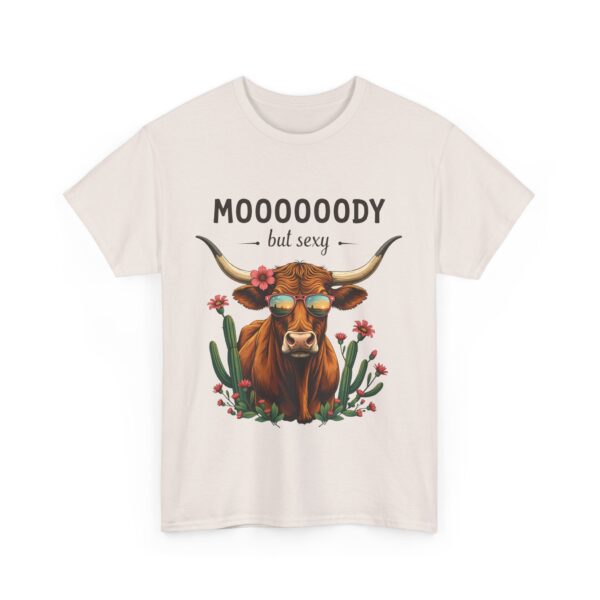 Moody But Sexy Longhorn Cow Funny Texas Sunset Cactus Design Unisex Heavy Cotton Tee