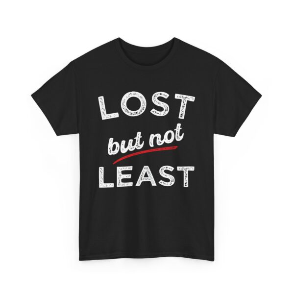 Lost But Not Least Retro Distressed Pun Funny Geeky Wordplay Unisex Heavy Cotton Tee - Image 2