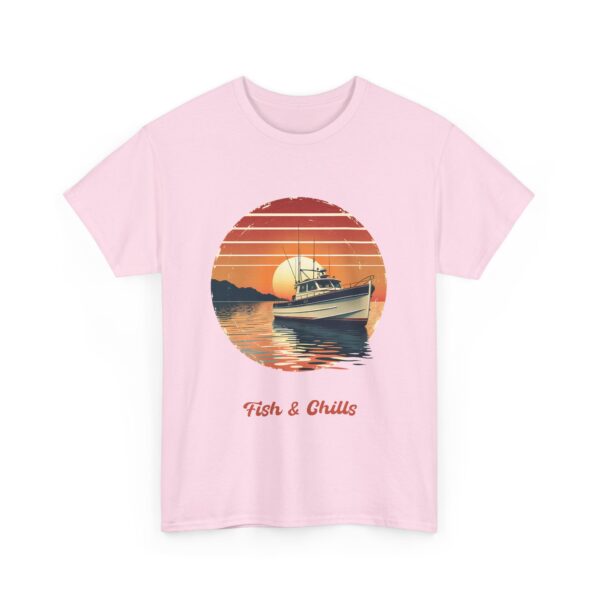Fish & Chills Retro Fishing Sunset Vintage Distressed Fisherman Boat Outdoors Angler Unisex Heavy Cotton Tee - Image 9