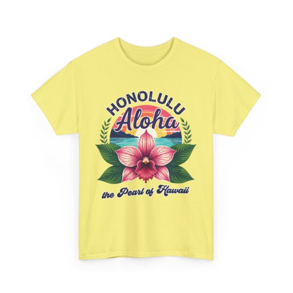 Honolulu Aloha Retro Vintage Hawaii Sunset Tropical Orchid Flower Unisex Heavy Cotton Tee