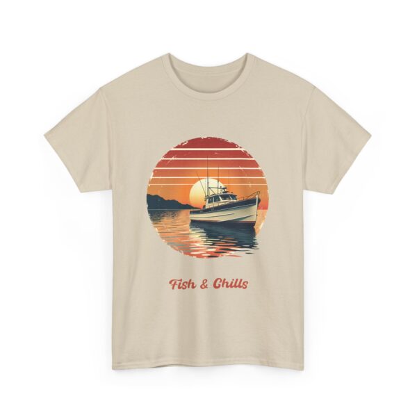 Fish & Chills Retro Fishing Sunset Vintage Distressed Fisherman Boat Outdoors Angler Unisex Heavy Cotton Tee - Image 4