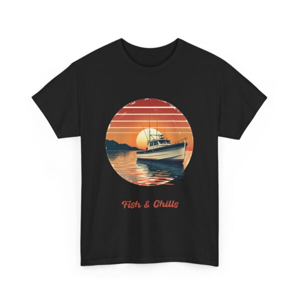 Fish & Chills Retro Fishing Sunset Vintage Distressed Fisherman Boat Outdoors Angler Unisex Heavy Cotton Tee - Image 2