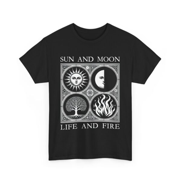 Sun and Moon Tree of Life and Fire Medieval Tarot Esoteric Symbolic Design Unisex Heavy Cotton Tee