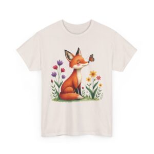 Tiny Spring Friends Whimsical Fox Butterfly Floral Nature Cute Woodland Art Design Unisex Heavy Cotton Tee