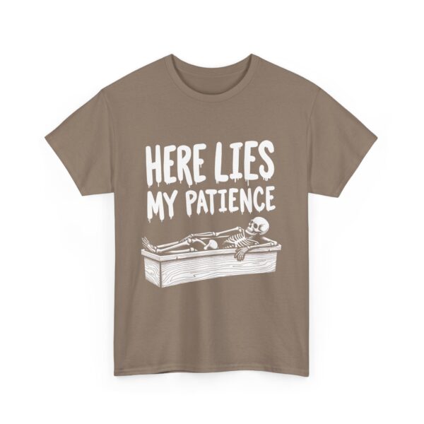 Here Lies My Patience - Goth Skeleton Coffin Art Dark Horror Funny RIP Design Unisex Heavy Cotton Tee - Image 4
