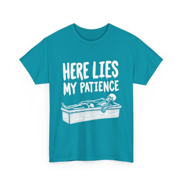 Here Lies My Patience - Goth Skeleton Coffin Art Dark Horror Funny RIP Design Unisex Heavy Cotton Tee - Image 7