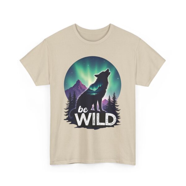 Be Wild – Wilderness Aurora Howling Wolf Mountain Design Unisex Heavy Cotton Tee - Image 4