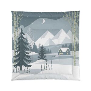 Minimalist Winter Wonderland Tranquil Mountain Night in the Woods Design Comforter