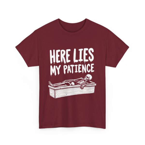 Here Lies My Patience - Goth Skeleton Coffin Art Dark Horror Funny RIP Design Unisex Heavy Cotton Tee - Image 11