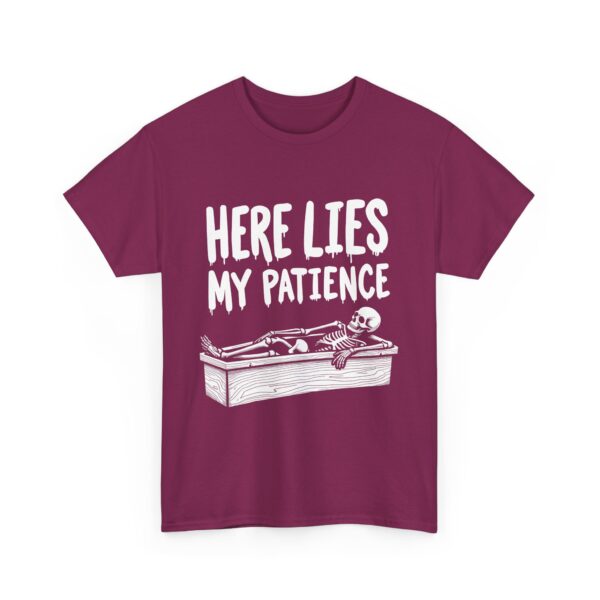 Here Lies My Patience - Goth Skeleton Coffin Art Dark Horror Funny RIP Design Unisex Heavy Cotton Tee - Image 10