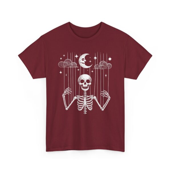 Puppet Skeleton under a fool Halloween starry Night Sickle Moon Gothic Naive Design Unisex Heavy Cotton Tee - Image 6