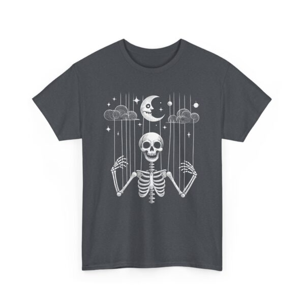 Puppet Skeleton under a fool Halloween starry Night Sickle Moon Gothic Naive Design Unisex Heavy Cotton Tee - Image 3