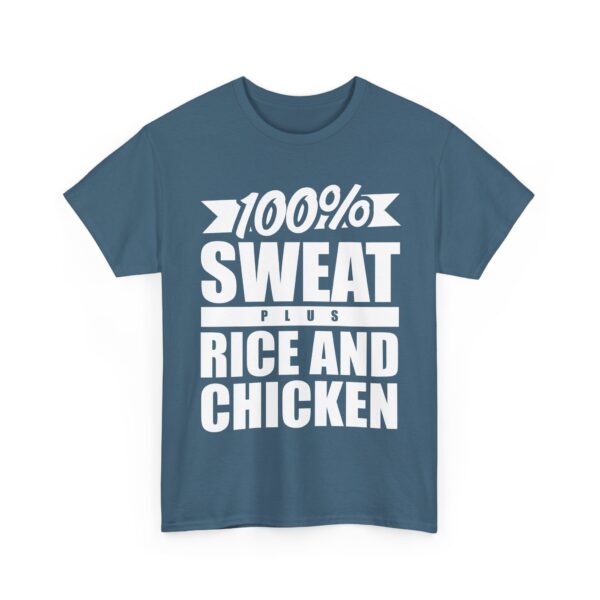 100% Sweat Plus Rice and Chicken Motivational Gym Natural Lifter Design Unisex Heavy Cotton Tee - Image 3