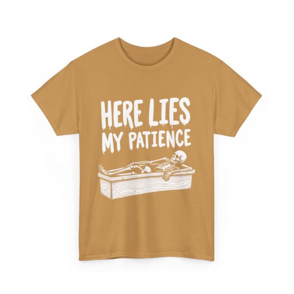 Here Lies My Patience - Goth Skeleton Coffin Art Dark Horror Funny RIP Design Unisex Heavy Cotton Tee - Image 3