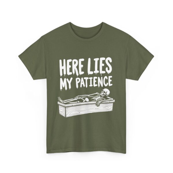Here Lies My Patience - Goth Skeleton Coffin Art Dark Horror Funny RIP Design Unisex Heavy Cotton Tee - Image 6