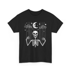Puppet Skeleton under a fool Halloween starry Night Sickle Moon Gothic Naive Design Unisex Heavy Cotton Tee