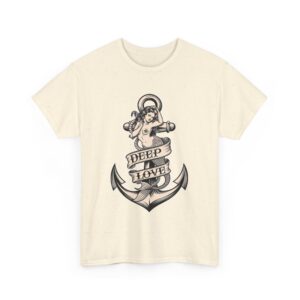 Mermaid and Anchor Deep Love Tattoo Design – Old School Marine Sailor Legends Art Unisex Heavy Cotton Tee