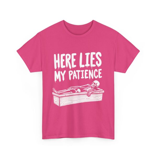 Here Lies My Patience - Goth Skeleton Coffin Art Dark Horror Funny RIP Design Unisex Heavy Cotton Tee - Image 9