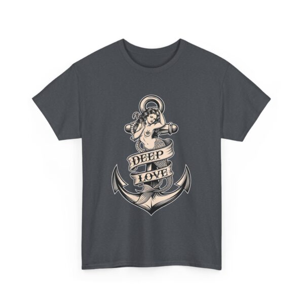 Mermaid and Anchor Deep Love Tattoo Design – Old School Marine Sailor Legends Art Unisex Heavy Cotton Tee - Image 3