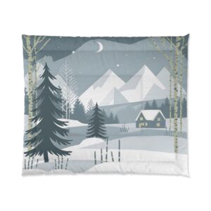 Minimalist Winter Wonderland Tranquil Mountain Night in the Woods Design Comforter