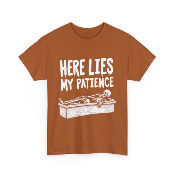 Here Lies My Patience - Goth Skeleton Coffin Art Dark Horror Funny RIP Design Unisex Heavy Cotton Tee - Image 5