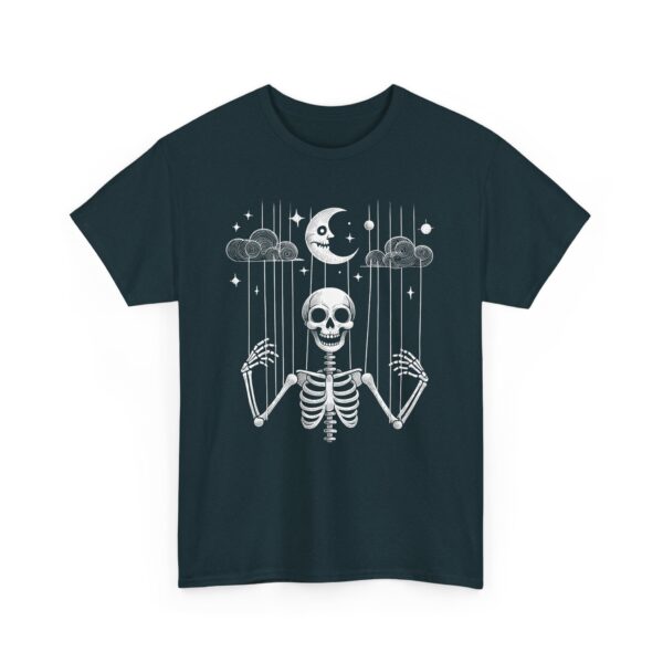 Puppet Skeleton under a fool Halloween starry Night Sickle Moon Gothic Naive Design Unisex Heavy Cotton Tee - Image 2
