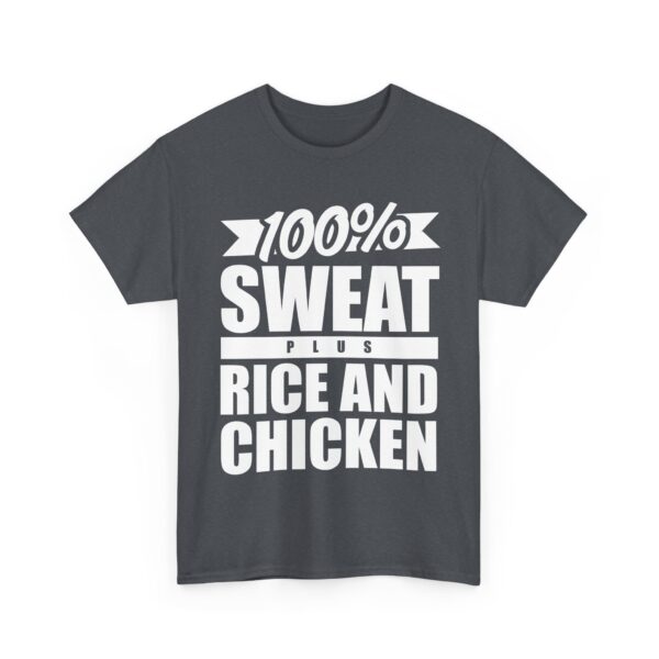 100% Sweat Plus Rice and Chicken Motivational Gym Natural Lifter Design Unisex Heavy Cotton Tee - Image 4