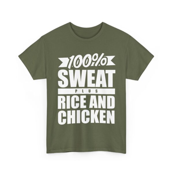 100% Sweat Plus Rice and Chicken Motivational Gym Natural Lifter Design Unisex Heavy Cotton Tee - Image 2