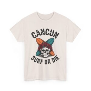 Cancun Vintage Surf or Die Skull Beach Adventure Crossed Boards Roses Pirate Design Unisex Heavy Cotton Tee