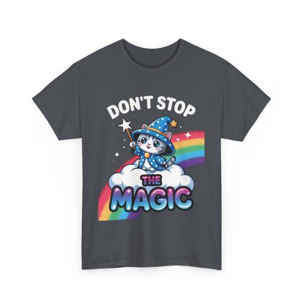 Don’t Stop the Magic Kawaii Wizard Kitten Rainbow Cloud Whimsical Design Unisex Heavy Cotton Tee - Image 3