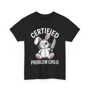Certified Problem Child Funny Patchwork Bunny Knife Mismatched Eyes Design Unisex Heavy Cotton Tee