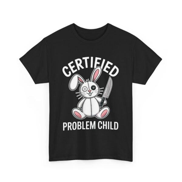 Certified Problem Child Funny Patchwork Bunny Knife Mismatched Eyes Design Unisex Heavy Cotton Tee