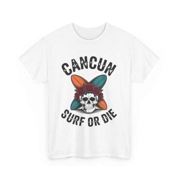 Cancun Vintage Surf or Die Skull Beach Adventure Crossed Boards Roses Pirate Design Unisex Heavy Cotton Tee - Image 6