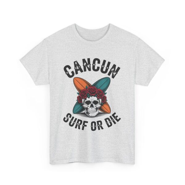 Cancun Vintage Surf or Die Skull Beach Adventure Crossed Boards Roses Pirate Design Unisex Heavy Cotton Tee - Image 2
