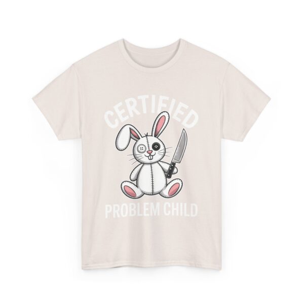 Certified Problem Child Funny Patchwork Bunny Knife Mismatched Eyes Design Unisex Heavy Cotton Tee - Image 6