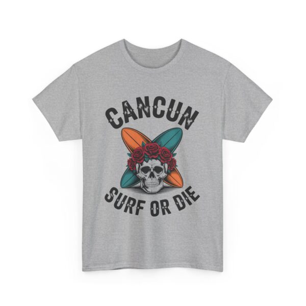 Cancun Vintage Surf or Die Skull Beach Adventure Crossed Boards Roses Pirate Design Unisex Heavy Cotton Tee - Image 11