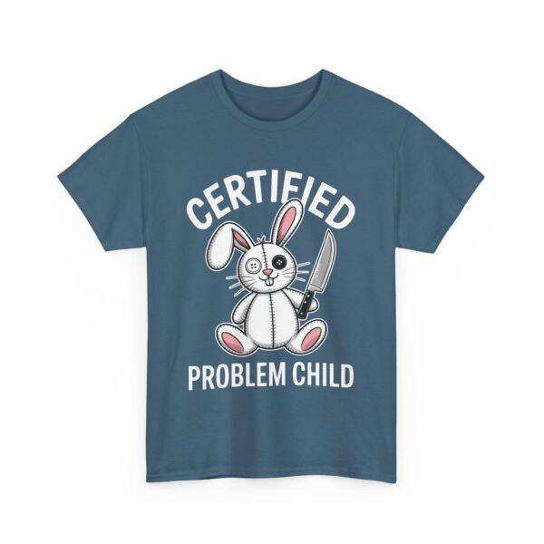 Certified Problem Child Funny Patchwork Bunny Knife Mismatched Eyes Design Unisex Heavy Cotton Tee - Image 4