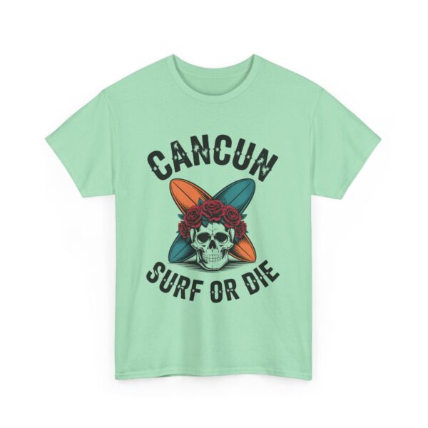 Cancun Vintage Surf or Die Skull Beach Adventure Crossed Boards Roses Pirate Design Unisex Heavy Cotton Tee - Image 9