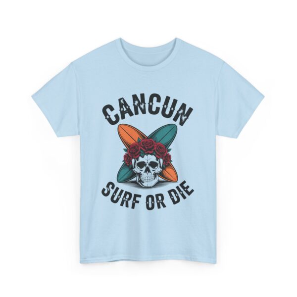 Cancun Vintage Surf or Die Skull Beach Adventure Crossed Boards Roses Pirate Design Unisex Heavy Cotton Tee - Image 5