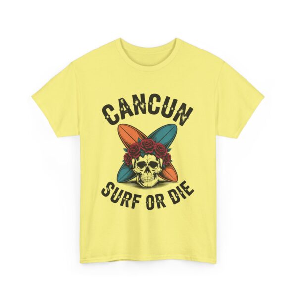 Cancun Vintage Surf or Die Skull Beach Adventure Crossed Boards Roses Pirate Design Unisex Heavy Cotton Tee - Image 8