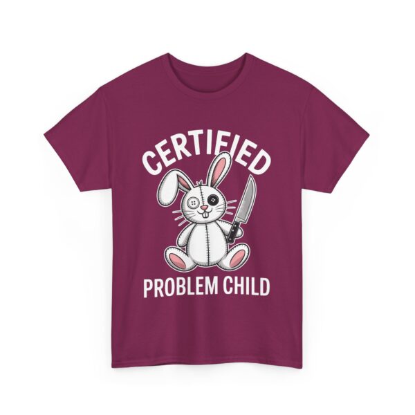 Certified Problem Child Funny Patchwork Bunny Knife Mismatched Eyes Design Unisex Heavy Cotton Tee - Image 3