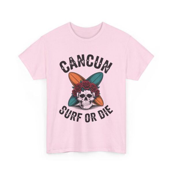 Cancun Vintage Surf or Die Skull Beach Adventure Crossed Boards Roses Pirate Design Unisex Heavy Cotton Tee - Image 7