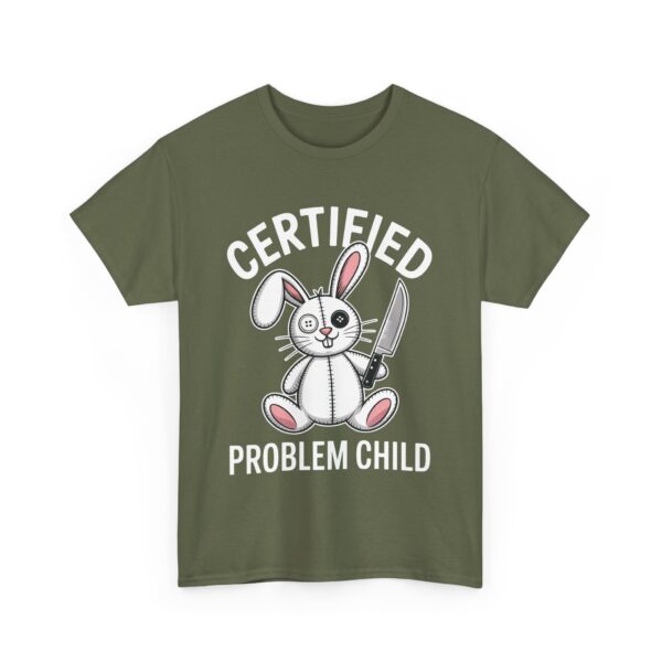 Certified Problem Child Funny Patchwork Bunny Knife Mismatched Eyes Design Unisex Heavy Cotton Tee - Image 9