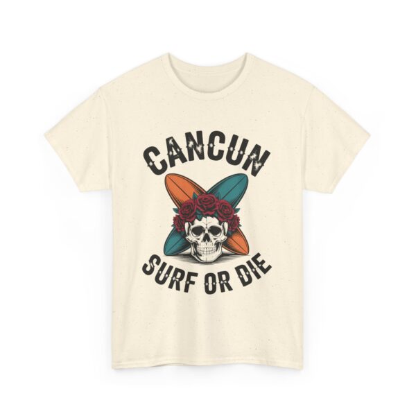Cancun Vintage Surf or Die Skull Beach Adventure Crossed Boards Roses Pirate Design Unisex Heavy Cotton Tee - Image 3