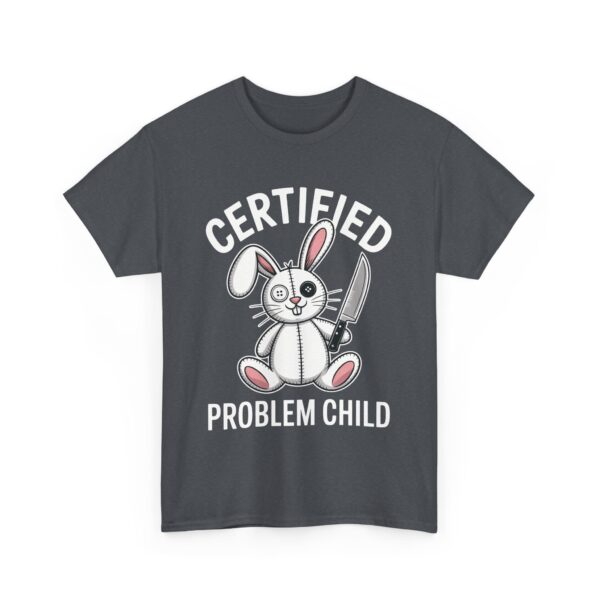 Certified Problem Child Funny Patchwork Bunny Knife Mismatched Eyes Design Unisex Heavy Cotton Tee - Image 2