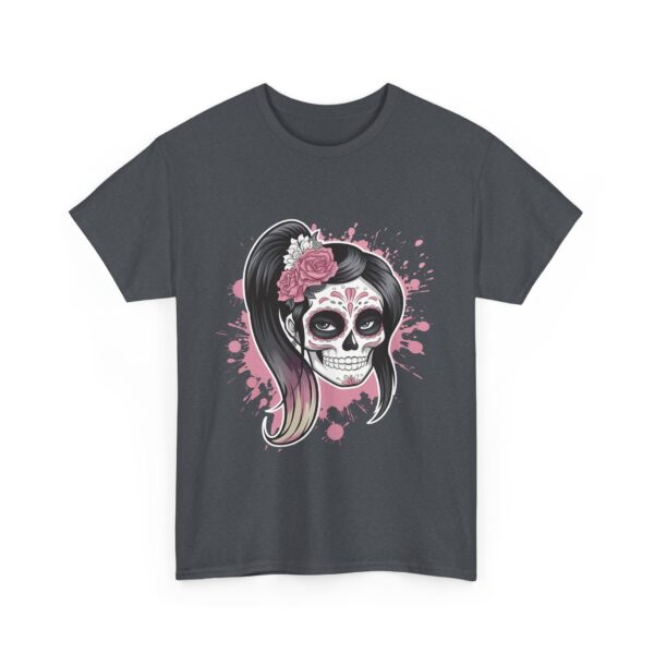 Pink and White Sugar Skull Female Dia de los Muertos Inspired Floral Design Unisex Heavy Cotton Tee - Image 2