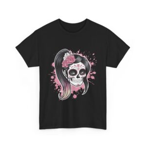 Pink and White Sugar Skull Female Dia de los Muertos Inspired Floral Design Unisex Heavy Cotton Tee
