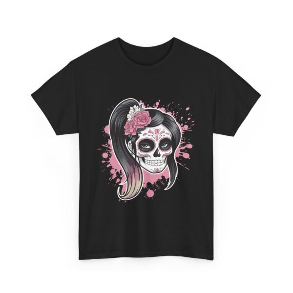 Pink and White Sugar Skull Female Dia de los Muertos Inspired Floral Design Unisex Heavy Cotton Tee